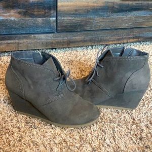 Green suede mini wedge booties